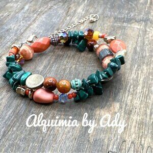 Layered beaded wrap bracelet with malachite